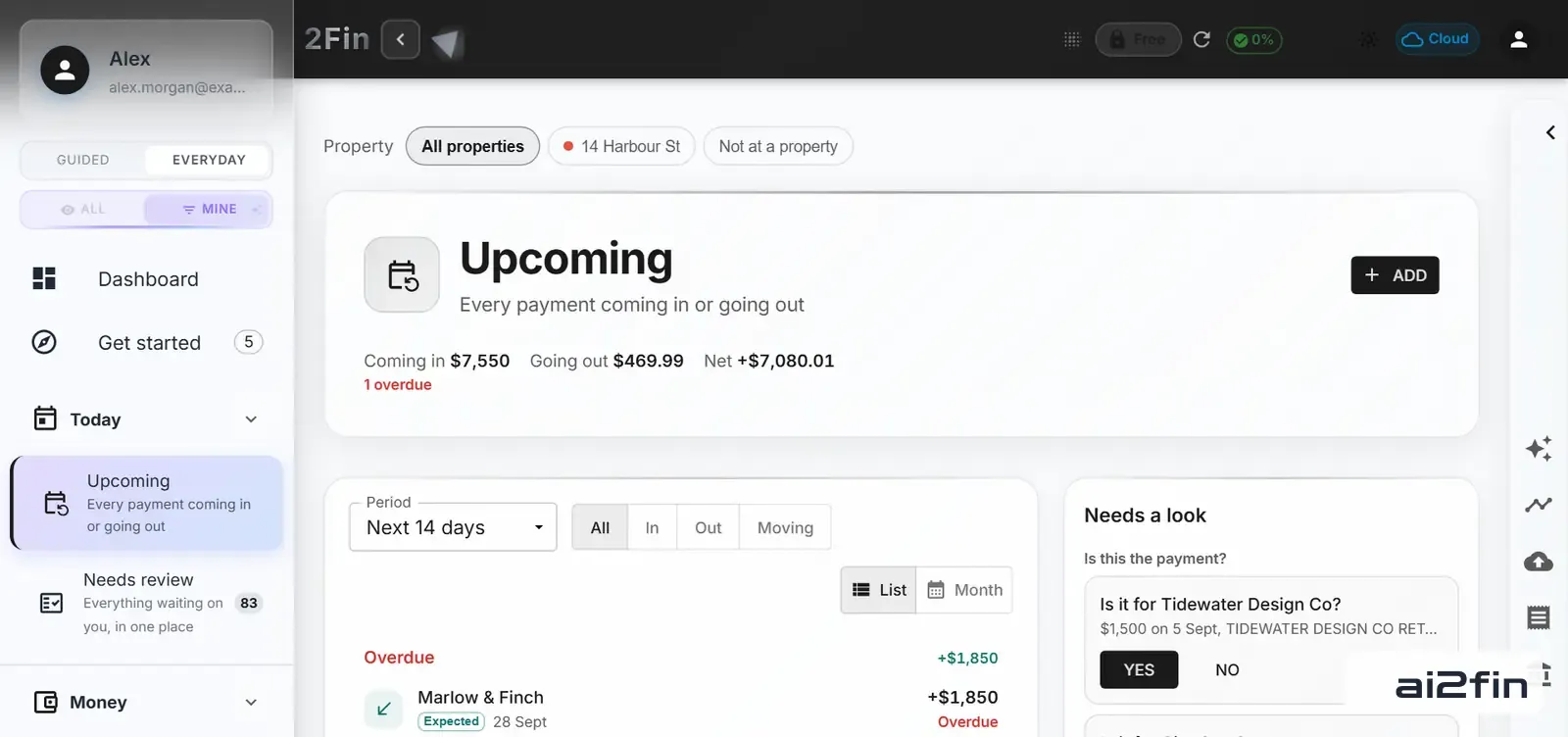 2Fin upcoming payments view showing every payment coming in or going out, with demo data