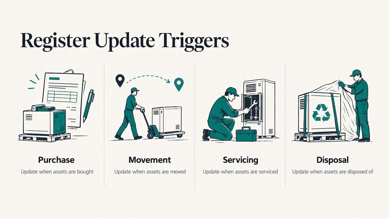 Register update triggers: purchase, movement, servicing and disposal each update the register
